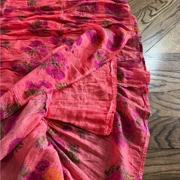 Anthropologie Raga M High Waisted Tiered Cotton Maxi Skirt Pink Floral A-Line - Picture 7 of 8